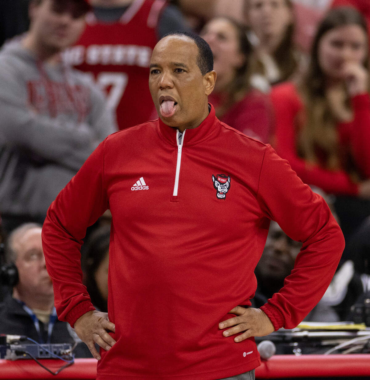 N.C. State coach Kevin Keatts reacts to a foul against Ben Middlebrooks (34) in the second half against North Carolina on Wednesday, January 10, 2024 at PNC Arena in Raleigh, N.C.