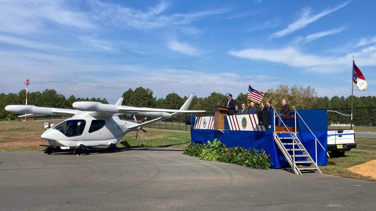 Vermont company Beta Technologies brought a prototype of one of its electric aircraft to Raleigh Executive Jetport in Sanford on Friday, October 20. Beta and the N.C. Department of Transportation broke ground at the facility on a new charging station that can power electric planes, set to be completed in early 2024.