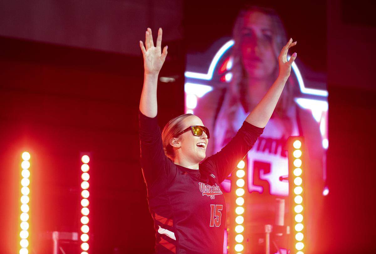 N.C. State’s Lizzy Williamson is introduced during the Primetime with the Pack preseason event on Friday, Oct. 25, 2024, at Reynolds Coliseum in Raleigh, N.C.