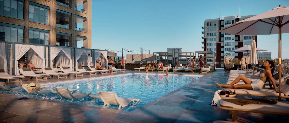 A rendering of the rooftop pool at the 37-story residential tower, Highline Glenwood, on the corner of Glenwood Avenue and Tucker Street. New York-based developer Turnbridge Equities plans to break ground in late 2024.