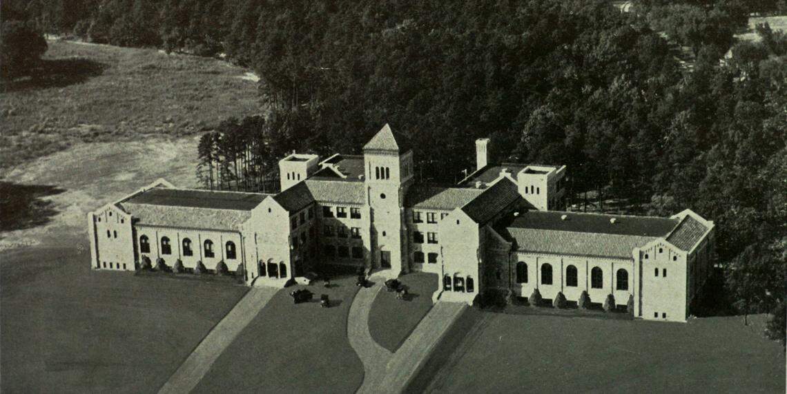 Broughton High School’s first yearbook (1930) features an aerial photo of the school and its vicinity. The clock has not yet been installed in the clock tower and the area behind the school is yet to be developed.