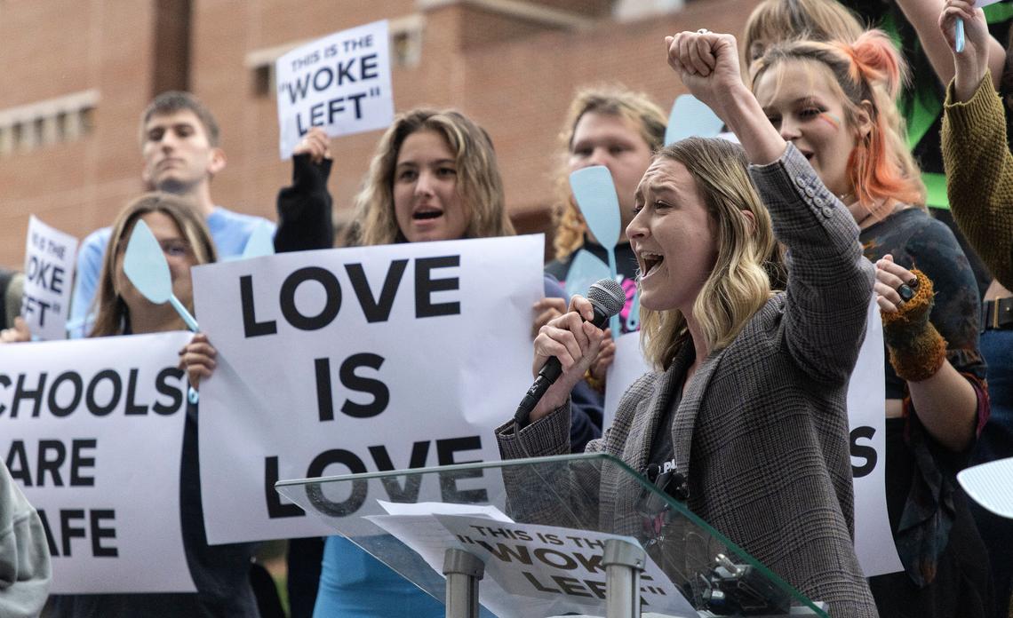 Anderson Clayton, chair of the North Carolina Democratic Party, speaks at a counter rally sponsored by the UNC Young Democrats prior to an event featuring former Vice President Mike Pence at the Carolina Union on Wednesday, April 26, 2023, in Chapel Hill, N.C.