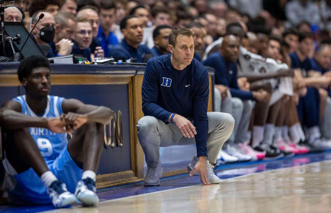With a comfortable lead over North Carolina, Duke coach Jon Scheyer watches his team on defense in the second half on Saturday, February 1, 2025 in Durham, N.C.