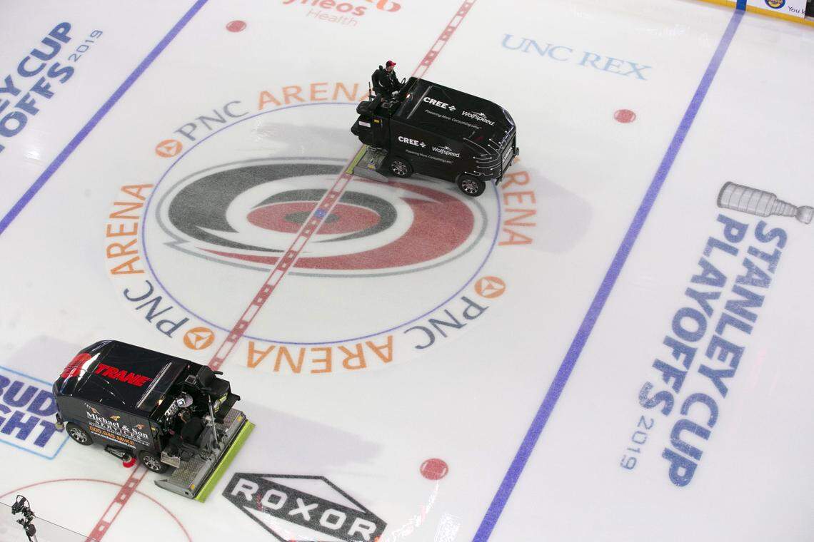 Ice technicians operate resurfacing machines at PNC Arena on Friday, May 3, 2019 in Raleigh, N.C. The ice was being resurfaced prior to the Carolina Hurricanes’ Stanley Cup playoff series Game 4 against the New York Islanders.