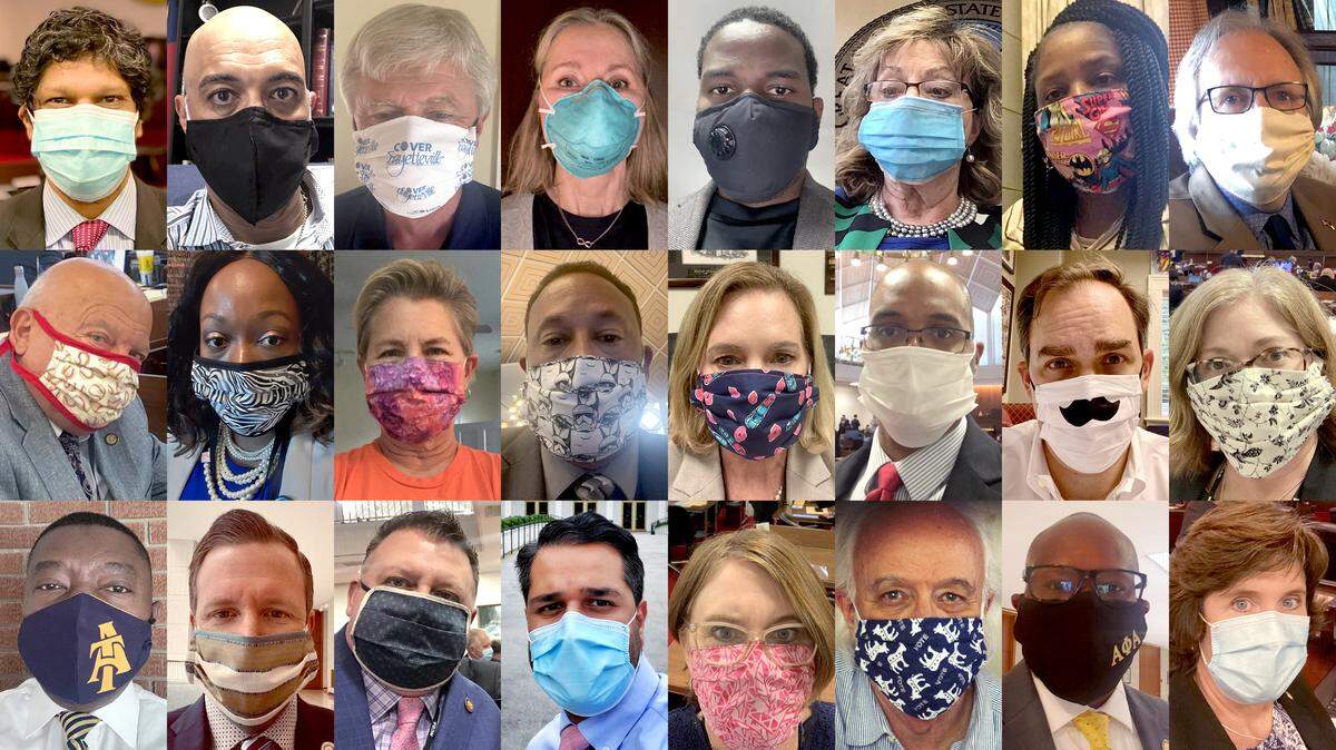 Members of the N.C. legislature shared these photos of themselves wearing masks. Last Wednesday amid a rising number of COVID-19 cases in North Carolina, Gov. Roy Cooper issued a mandate making face coverings mandatory in public.