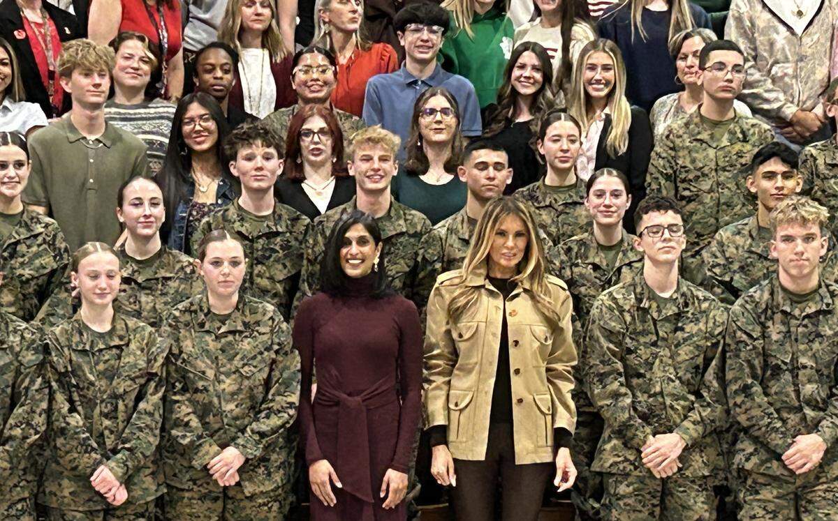 First lady Melania Trump and second lady Usha Vance visit Lejeune High School while thanking military families before the holidays.
