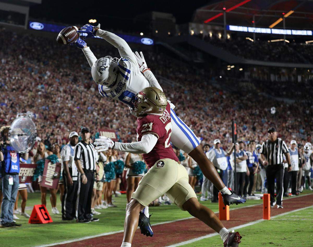Florida State’s Fentrell Cypress II defends an incomplete pass to the endzone intended for Duke’s Jordan Moore during the first half of the Blue Devils’ game against Florida State on Saturday, Oct. 21, 2023, in Tallahassee, Fla.