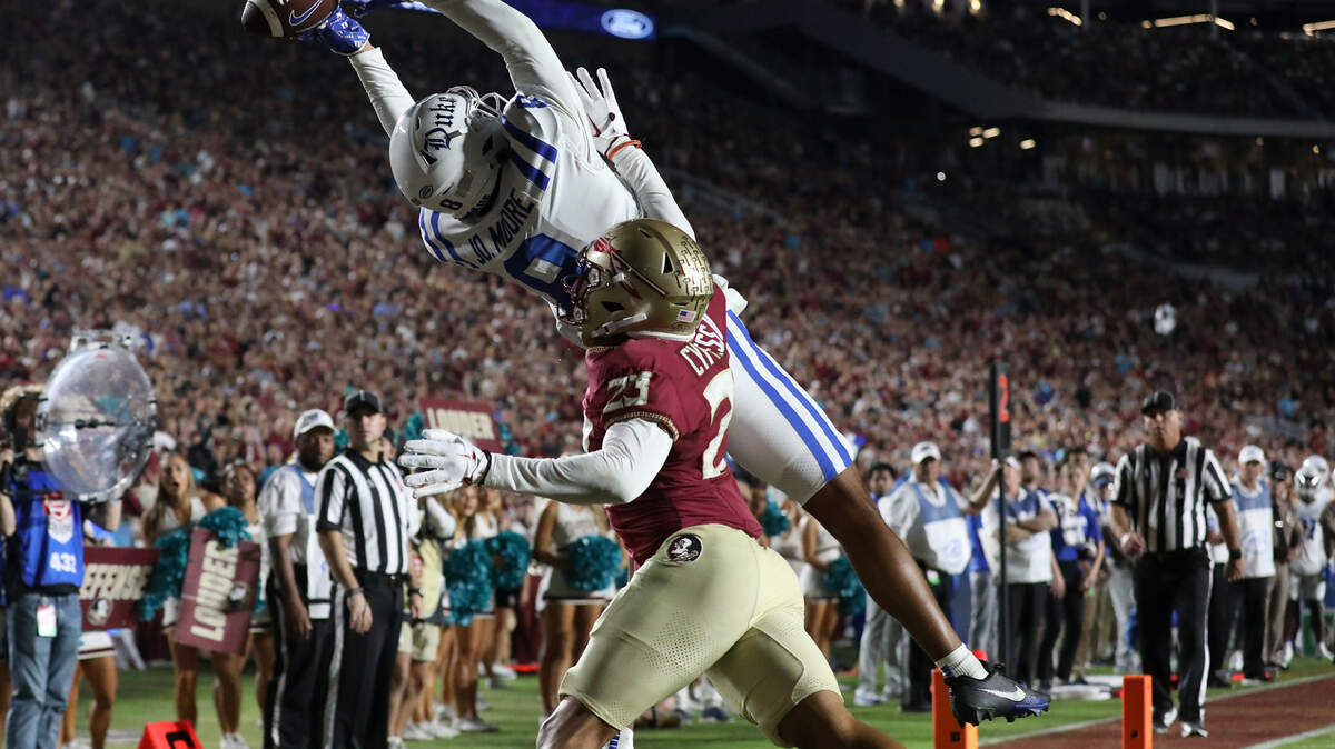 Florida State’s Fentrell Cypress II defends an incomplete pass to the endzone intended for Duke’s Jordan Moore during the first half of the Blue Devils’ game against Florida State on Saturday, Oct. 21, 2023, in Tallahassee, Fla.