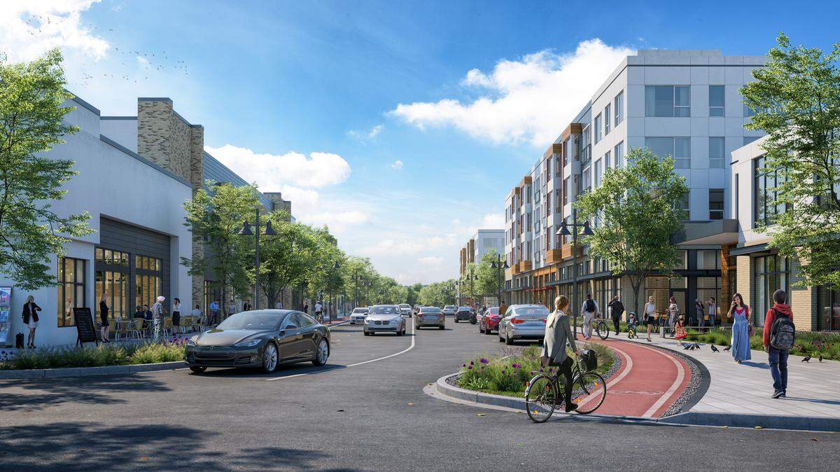 A rendering of a future section of the Oakridge development that would include residential units.