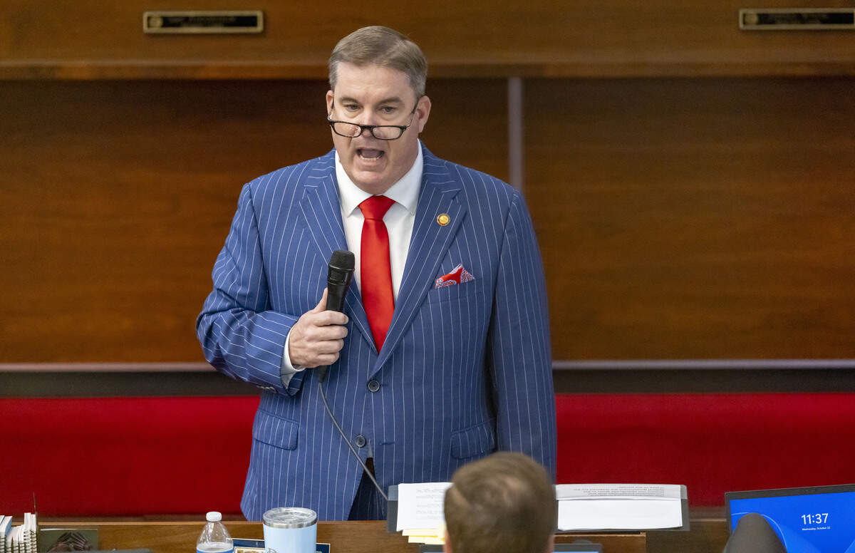 Rep. Brenden H. Jones introduces Senate Bill 249, to realign the North Carolina Congressional districts, on the House floor on Wednesday, October 22, 2025 at the General Assembly in Raleigh, N.C.  
