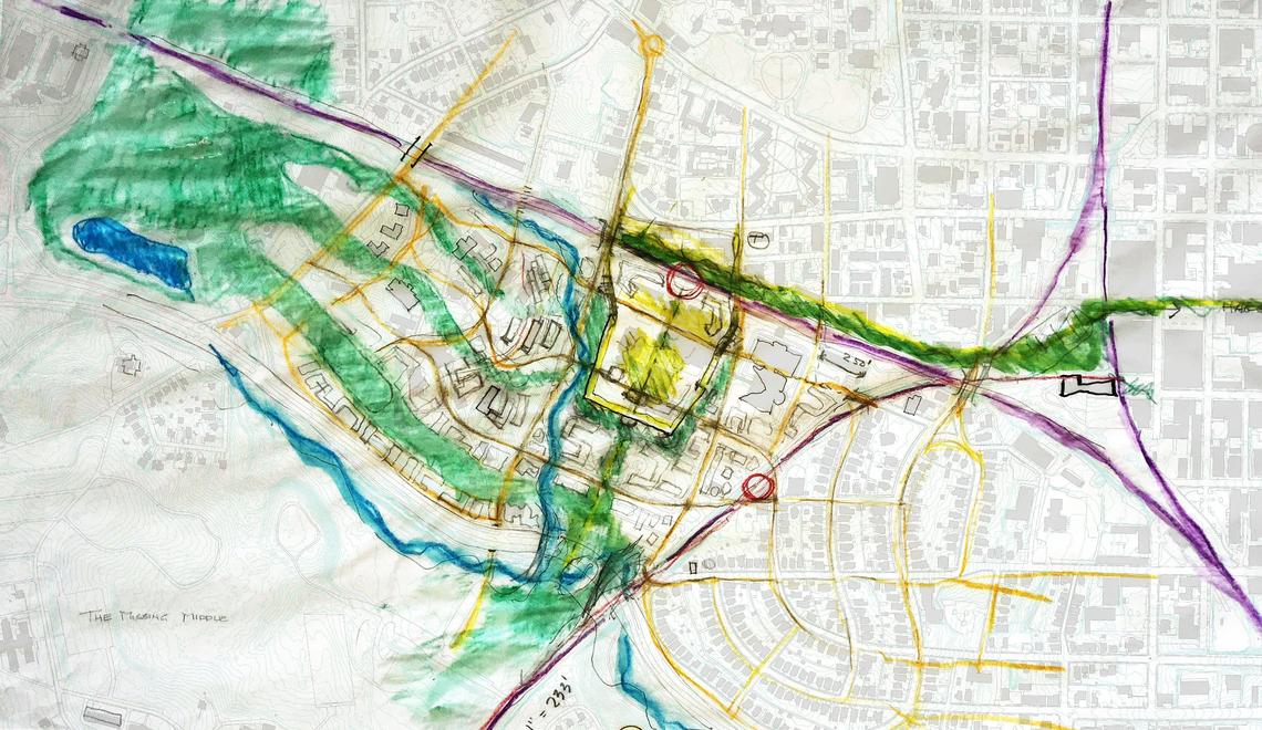 This site plan shows a land bridge from Dix Park on an axis with historic prison walls, greenways and gardens weaving into the site, and a recovered stream, by the design team headed by Frank Harmon.