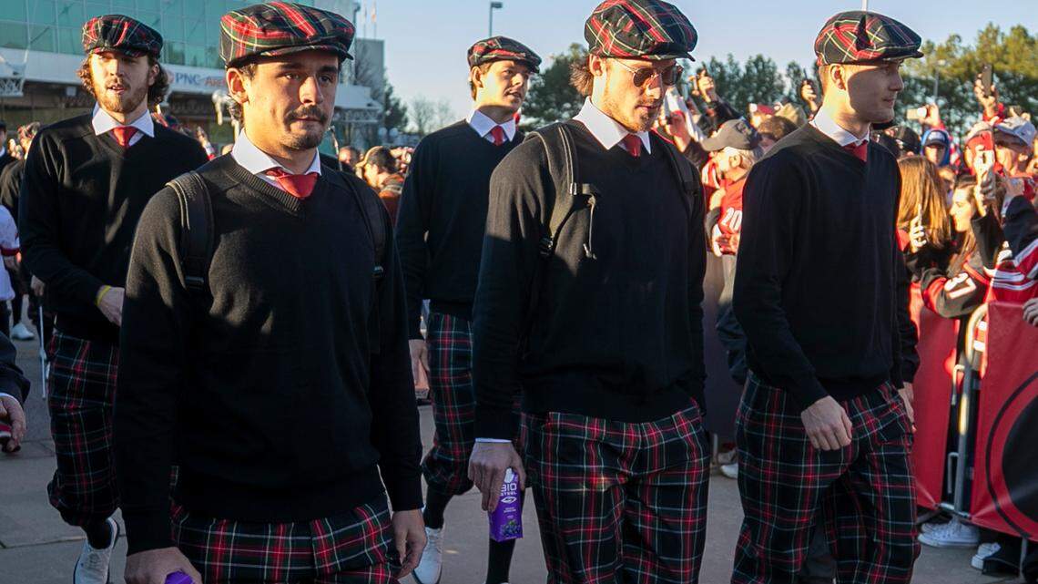 Carolina Hurricanes’s Seth Jarvis, left, and his teammates arrive for their Stadium Series game against the Washington Capitals on Saturday, February 18, 2022 at Carter-Finley Stadium in Raleigh, N.C.