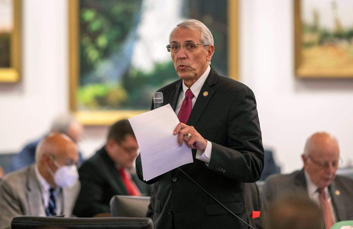 Rep. John Szoka of Fayetteville, N.C. speaks in support of passing the state budget during the House session on on Wednesday, November 17, 2021 in Raleigh, N.C.
