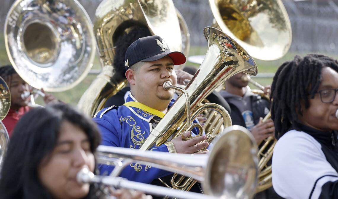 Baritonist Manny Avellaneda, a member of Governor Morehead School for the BlindÕs marching band, plays with the Shaw University and Southeast Raleigh High School marching band in the schoolÕs homecoming parade in Raleigh, N.C., Thursday, Nov. 13, 2025. The parade is part of 180th anniversary celebration of the Governor Morehead School.