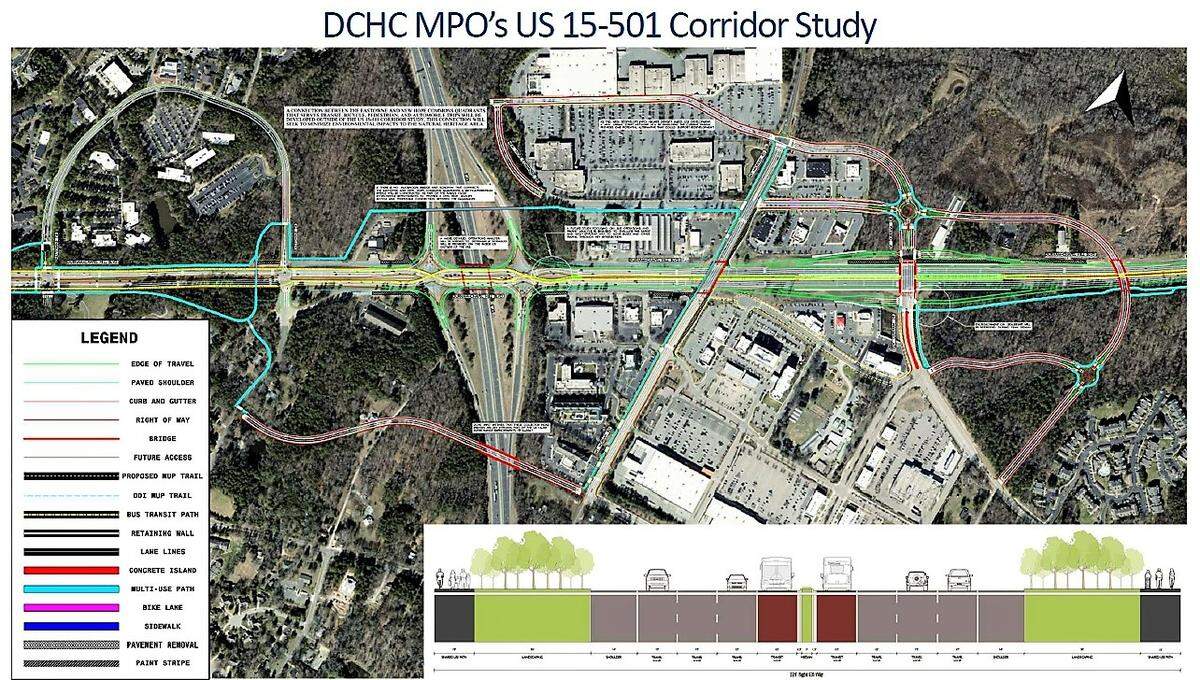 The Durham-Chapel Hill-Carrboro MPO, a regional transportation planning group, created this proposal in partnership with NCDOT transportation officials. It shows the New Hope Commons connector road circling the Eastowne forest and serving only bikes and pedestrians.