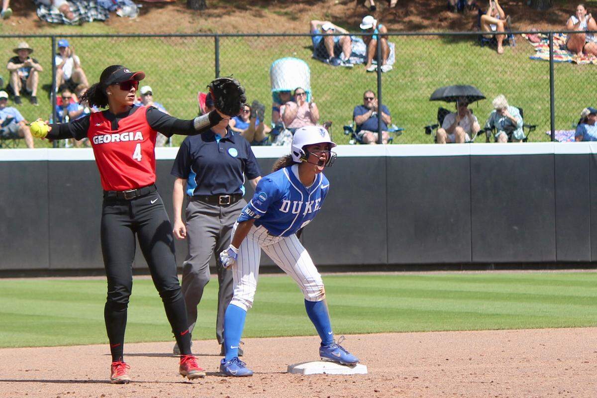 Duke outfielder Aleyah Terrell celebrates on second base during the Blue Devils’ 8-2 NCAA Tournament loss to Georgia on Saturday, May 17, 2025, at Duke Softball Stadium in Durham, N.C.
