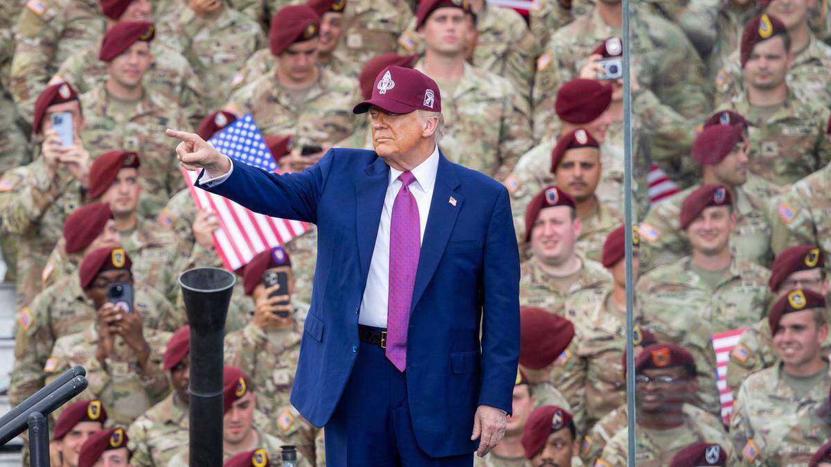 President Donald Trump takes the stage Tuesday, June 10, 2025, at Fort Bragg to mark the U.S. Army’s 250th anniversary. Defense Secretary Pete Hegseth and Army Secretary Dan Driscoll, a North Carolina native and UNC-Chapel Hill alumnus, also attended.