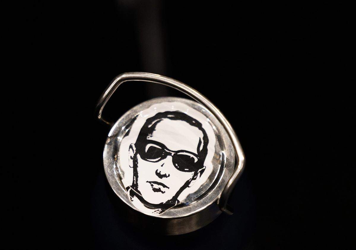 D.B. Cooper’s sketch is attached to an attendee’s water bottle at CooperCon at The Museum of Flight in Seattle on Nov. 17, 2023. (Daniel Kim/The Seattle Times/TNS)