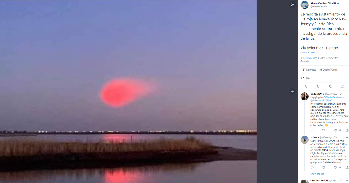Social media erupted Wednesday with reports of a mysterious red cloud floating off the East Coast. NASA says the cloud was associated with a rocket launch.