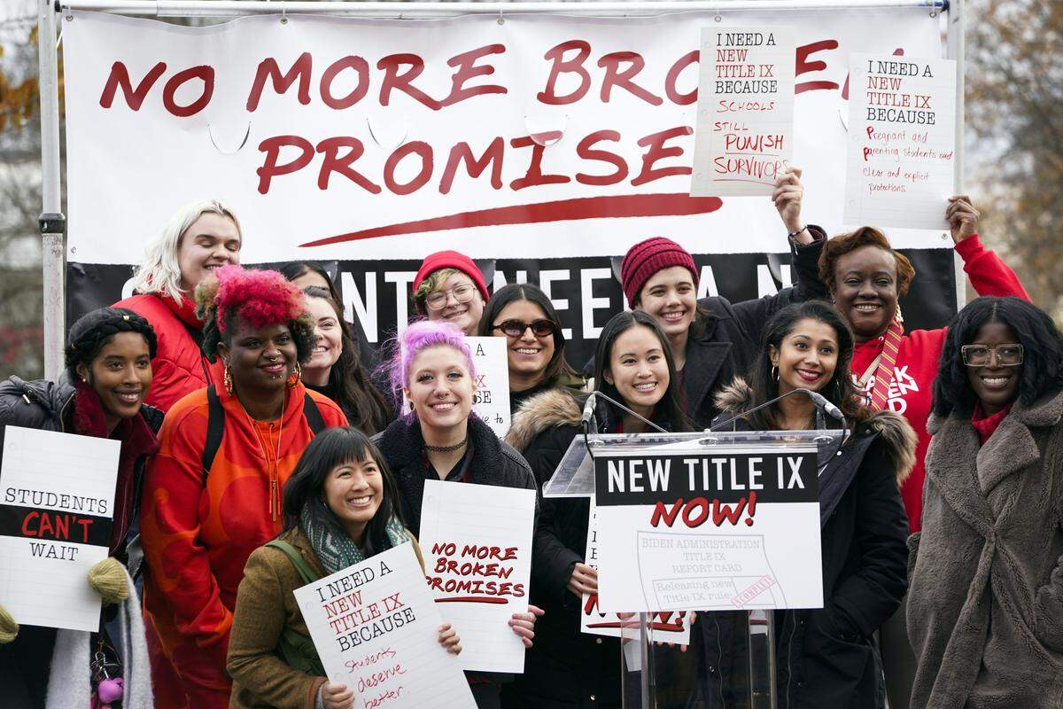 Students and advocates rally to call for the Biden administration to release a final Title IX rule in Washington, DC on Tuesday, Dec. 5, 2023. 