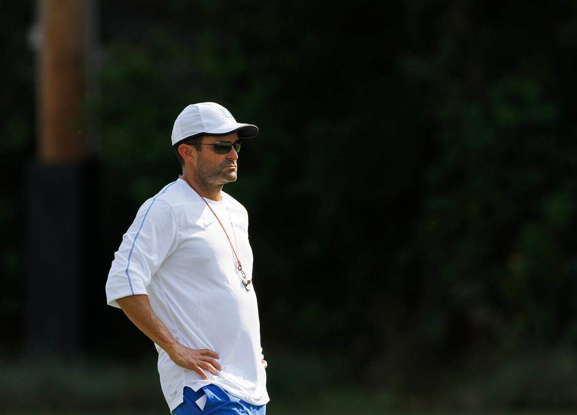Duke football head coach Manny Diaz watches during practice on Wednesday, July 31, 2024, in Durham, N.C.
