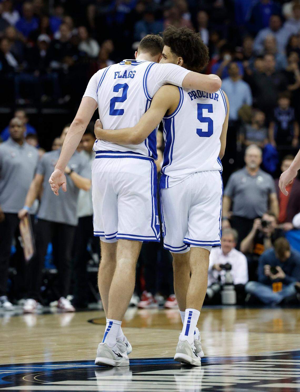 Duke’s Tyrese Proctor (5) talks to Cooper Flagg (2) during the second half of Duke’s 85-65 victory over Alabama in their Elite 8 game in the 2025 NCAA Men’s Basketball Championship at the Prudential Center in Newark, N.J., Saturday, March 29, 2025.
