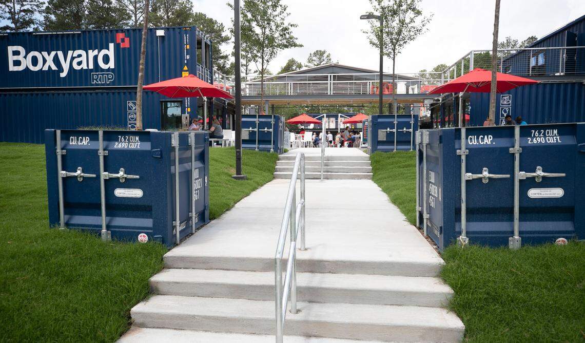 The Boxyard, photographed on Friday, June 11, 2021 in Durham, N.C., is a collection of renovated shipping containers that house restaurants other retailers on NC 54 in Research Triangle Park.