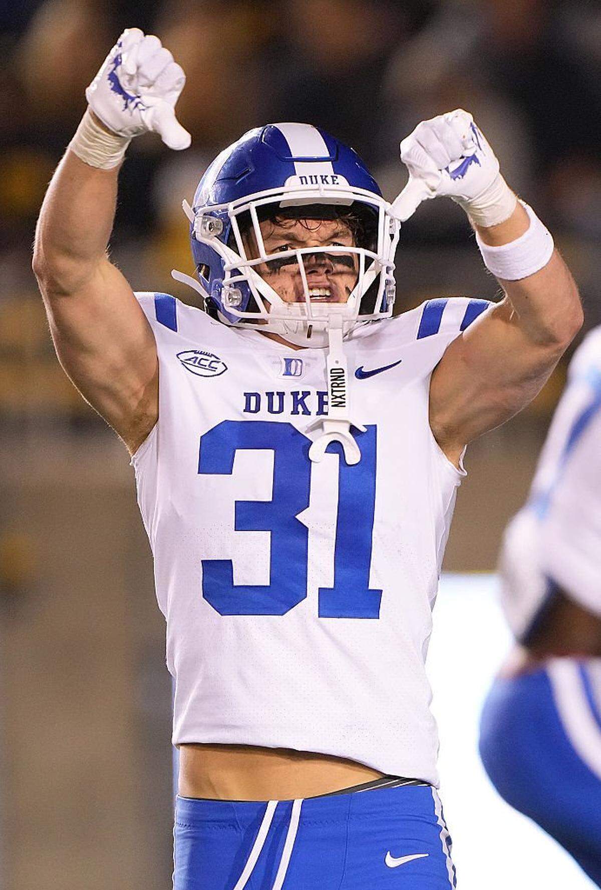 BERKELEY, CALIFORNIA - OCTOBER 04: Elliott Schaper #31 of the Duke Blue Devils reacts after sacking quarterback Jaron-Keawe Sagapolutele #3 of the California Golden Bears in the second quarter at California Memorial Stadium on October 04, 2025 in Berkeley, California. (Photo by Thearon W. Henderson/Getty Images)