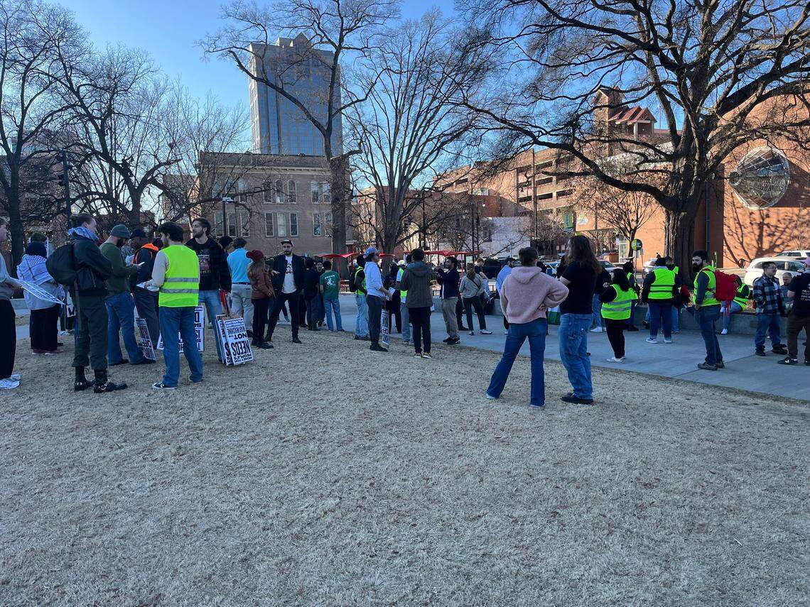 About 80 people gathered in Raleigh’s Moore Square Saturday afternoon to protest the U.S. attack on Iran.