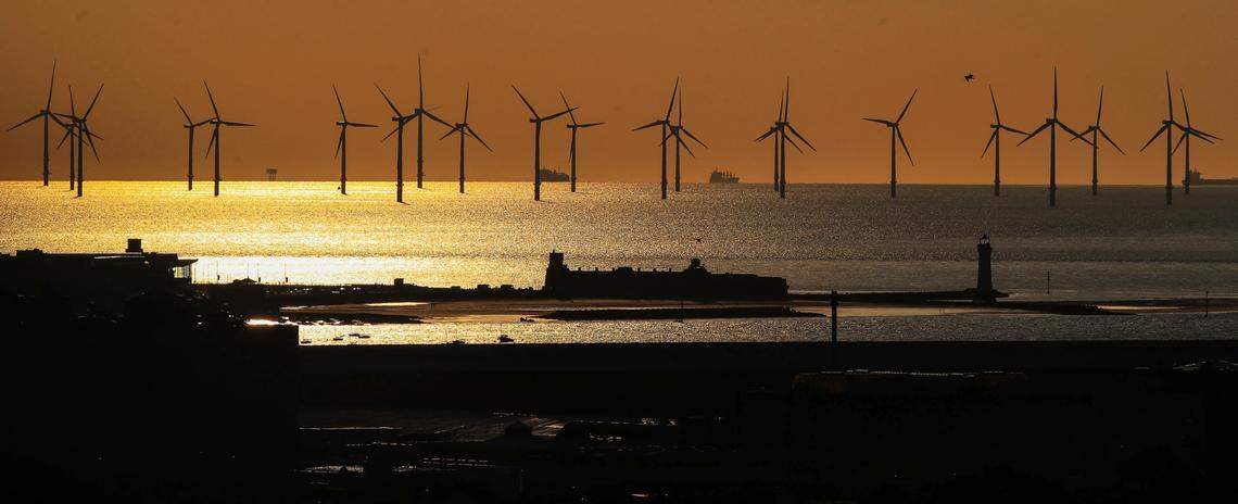 Unlike this wind farm in the River Mersey in England, wind farms off the North Carolina coast will be at least 15 miles out and almost invisible from shore.