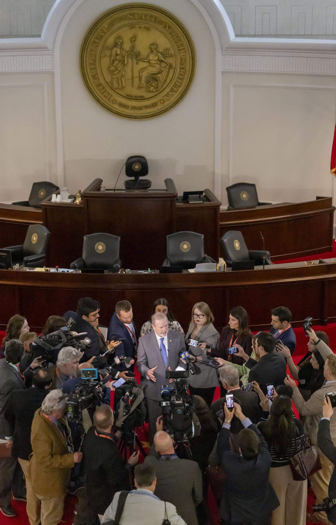 Phil Berger, Senate President Pro Tempore, holds a briefing with reporters at the conclusion of the Senate session on Tuesday, April 21, 2026 in Raleigh, N.C.