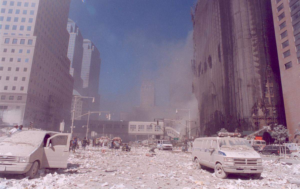 Wreckage and dust in New York City caused by the September 11 terrorist attacks, shown in the National Geographic Channel documentary series “9/11: One Day in America.”