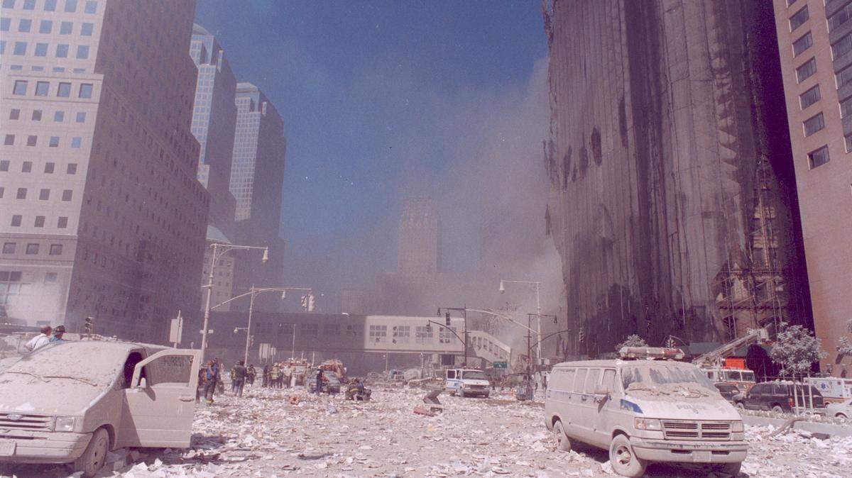 Wreckage and dust in New York City caused by the September 11 terrorist attacks, shown in the National Geographic Channel documentary series “9/11: One Day in America.”