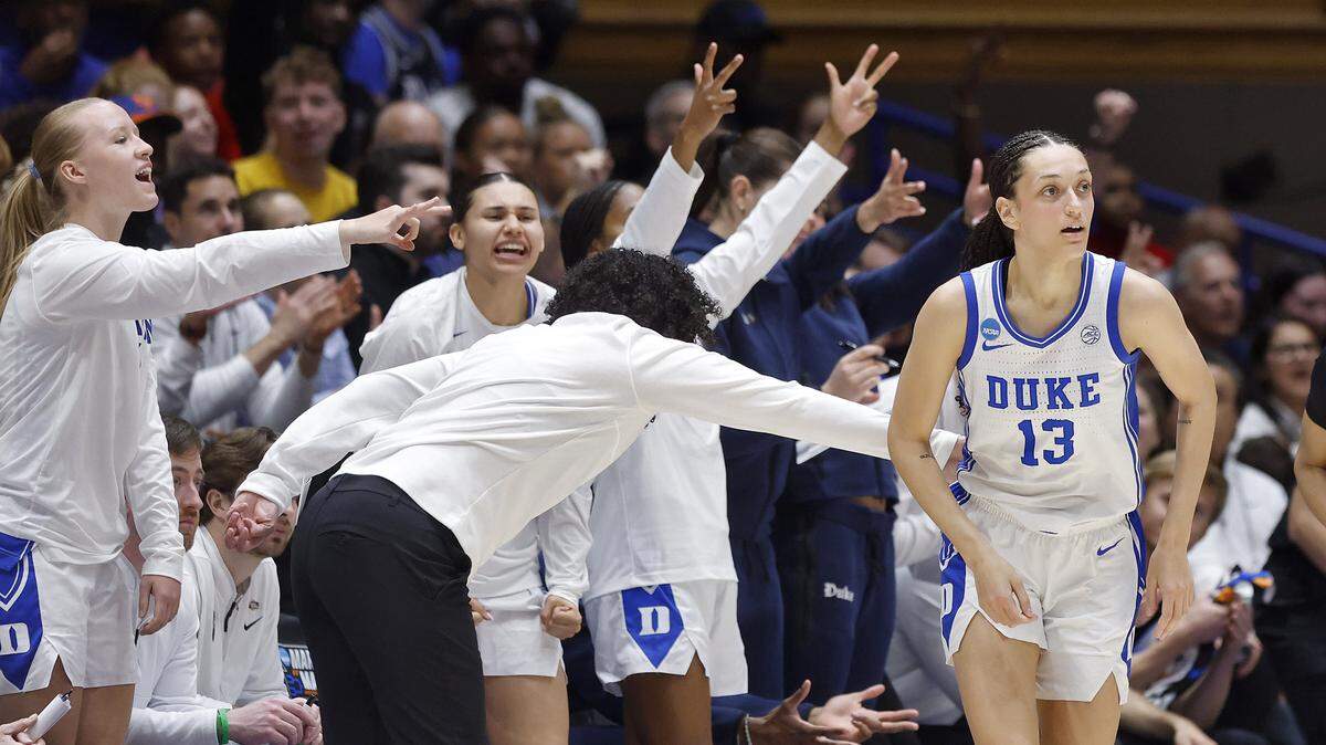 Duke head coach Kara Lawson reacts after Jordan Wood knocked down a three-point basket during the second half of the Blue Devils’ 81-64 first-round NCAA Tournament win over College of Charleston on Friday, March 20, 2026, at Cameron Indoor Stadium in Durham. Wood went 5 for 5 on her 3-point shots.