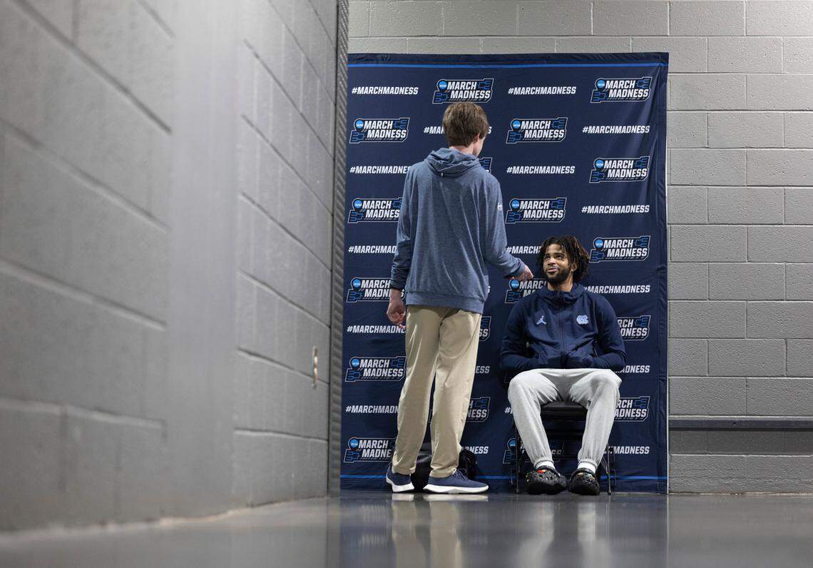 North Carolina’s R.J. Davis (4) does one final interview during the Tar Heels’ media availability on Friday, March 22, 2024 at Spectrum Center in Charlotte, N.C