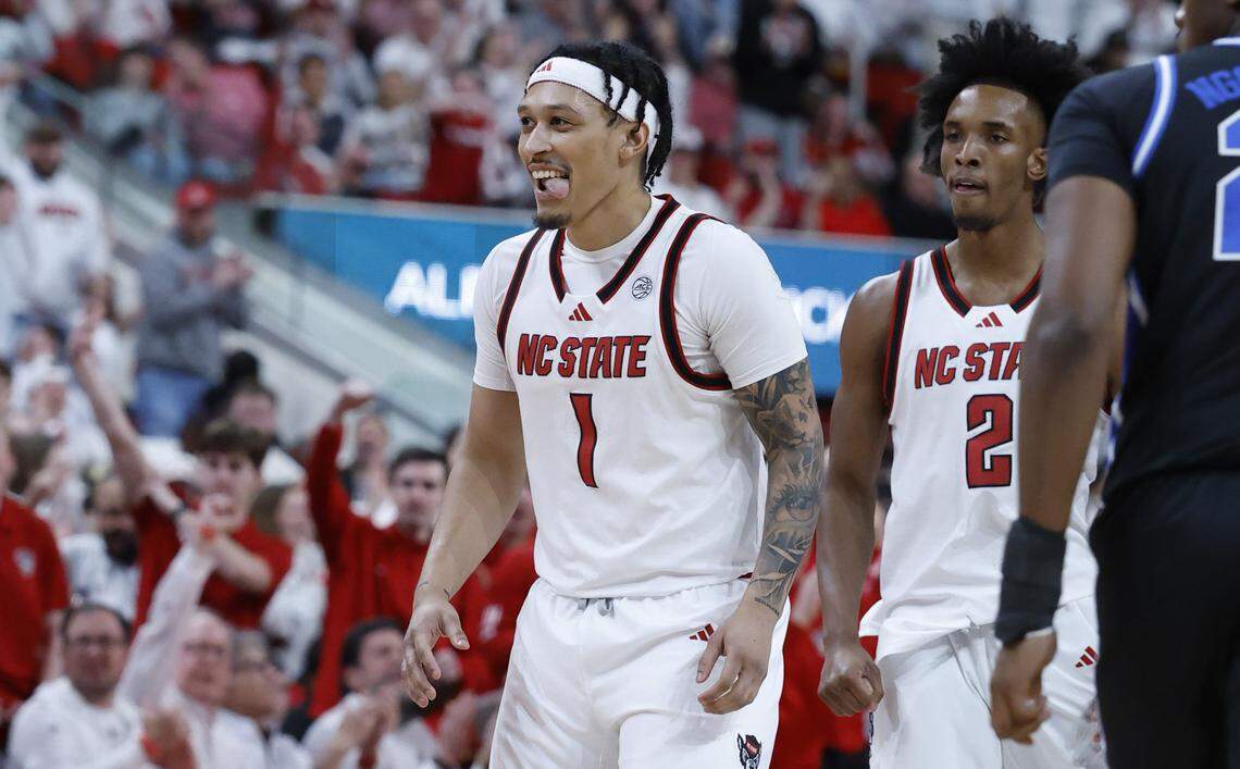 NC State's Darrion Williams (1) celebrates hitting a three-pointer during the first half of Duke’s game against N.C. State at the Lenovo Center in Raleigh, N.C., Monday, March 2, 2026.