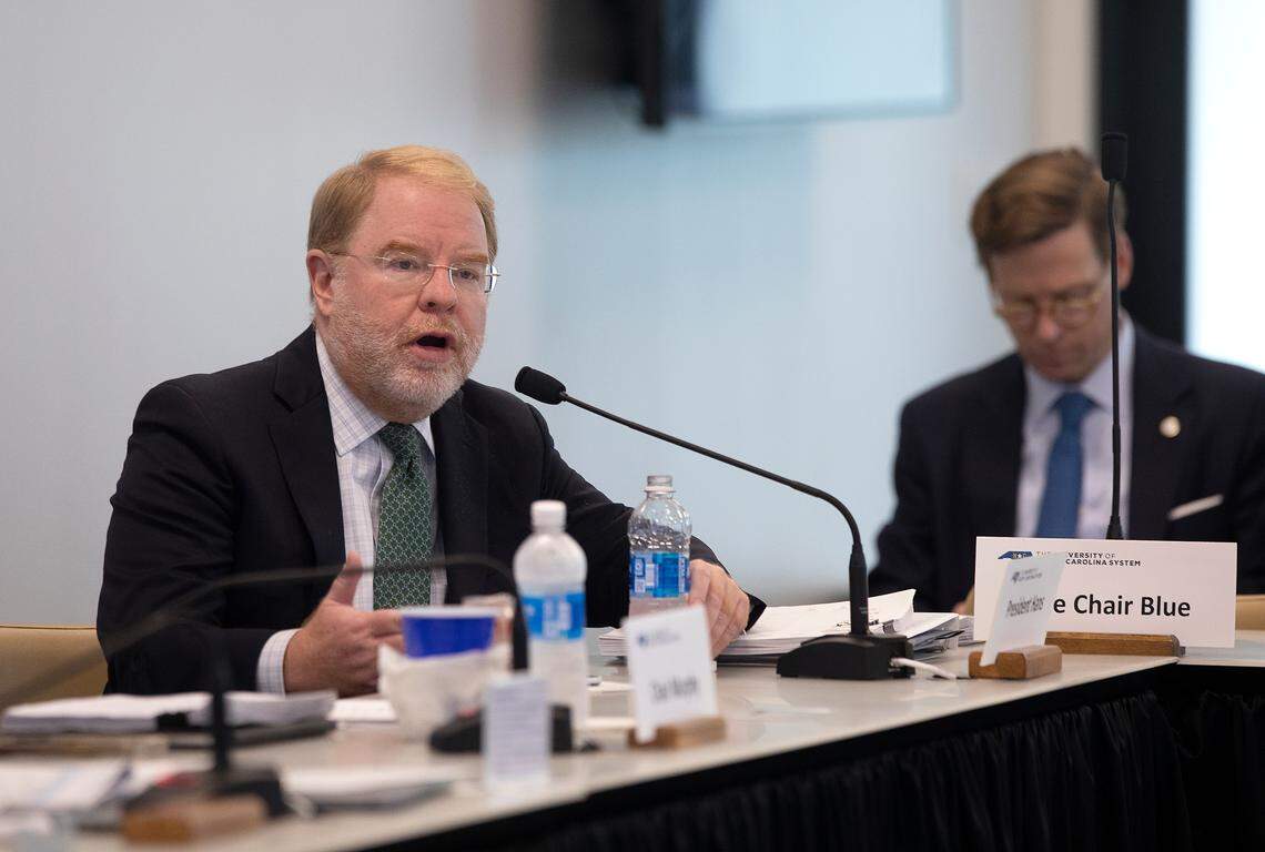 UNC System President Peter Hans speaks during a meeting of the Board of Governors university governance committee on Sept. 11, 2024, in Raleigh.