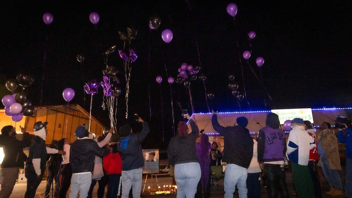 Family, friends and activists release balloons during a vigil for Darryl “Tyree” Williams Wednesday, Jan. 17, 2023 on Rock Quarry Road in Raleigh. Williams died last year after police used stun gun on him multiple times.