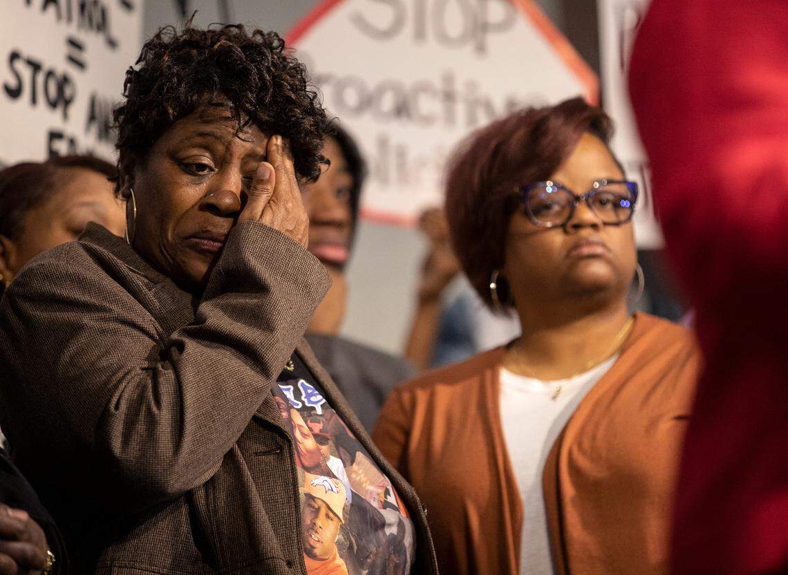 Sonya Williams listens during a press conference held to call for justice in the Jan. 17 death of her son, Darryl Williams, on Thursday, Feb. 16, 2023, at Mount Peace Baptist Church in Raleigh, N.C. Darryl Williams died in police custody on Jan. 17.