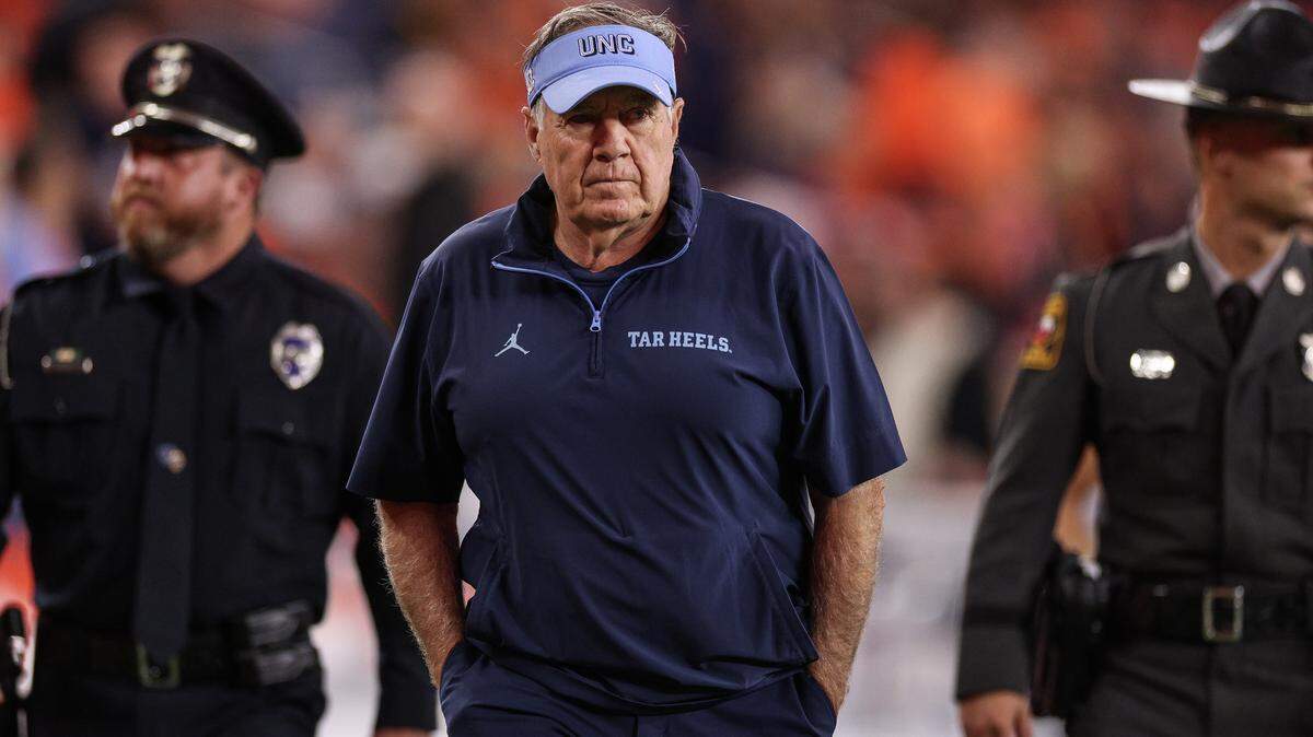 Head coach Bill Belichick of the North Carolina Tar Heels looks on prior to a game against the Syracuse Orange at JMA Wireless Dome on October 31, 2025 in Syracuse, New York.