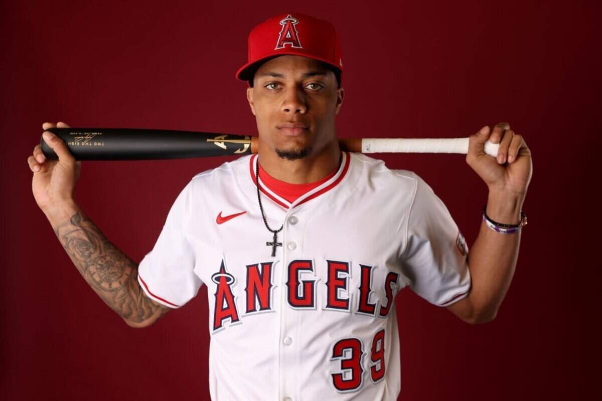 TEMPE, ARIZONA - FEBRUARY 21: Jordyn Adams #39 of the Los Angeles Angels poses for a portrait during photo day at Tempe Diablo Stadium on February 21, 2024 in Tempe, Arizona. (Photo by Steph Chambers/Getty Images)