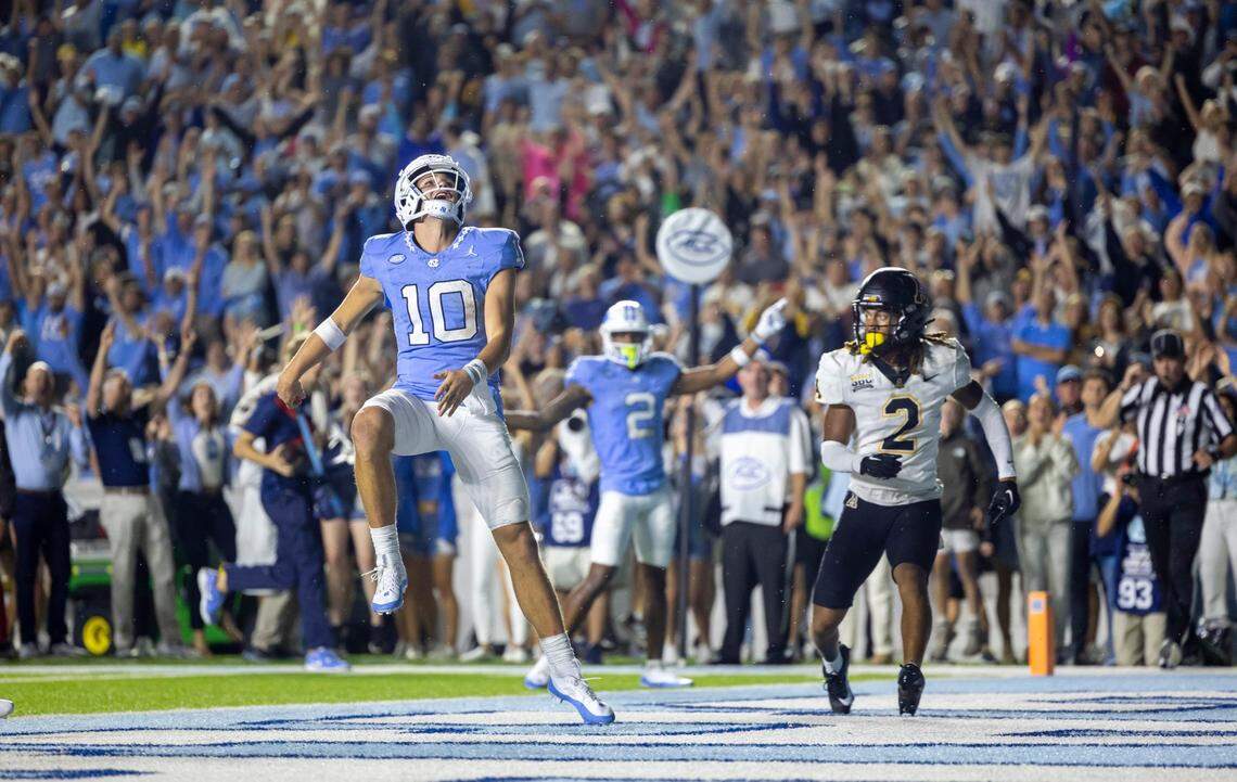 North Carolina quarterback Drake Maye (10) reacts after scoring the game winning touchdown on a 13-yard run in over time to give the Tar Heels’ a 40-34 lead over Appalachian State on Saturday September 9, 2023 at Kenan Stadium in Chapel Hill, N.C.