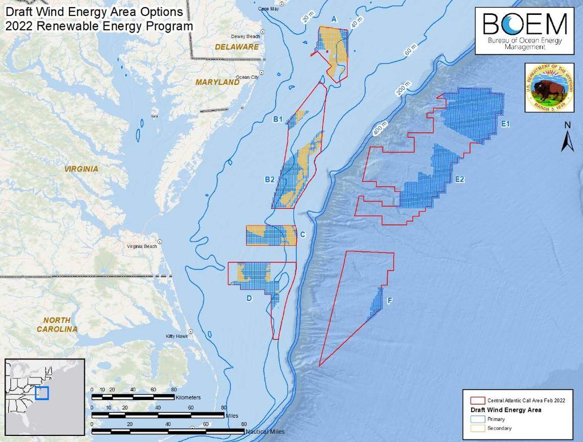 The Bureau of Ocean Energy Management is proposing eight new wind energy lease areas, including two off of the North Carolina coast. One of those is far enough from shore that it would require floating wind turbines, a new technology that likely means development is more than a decade away.