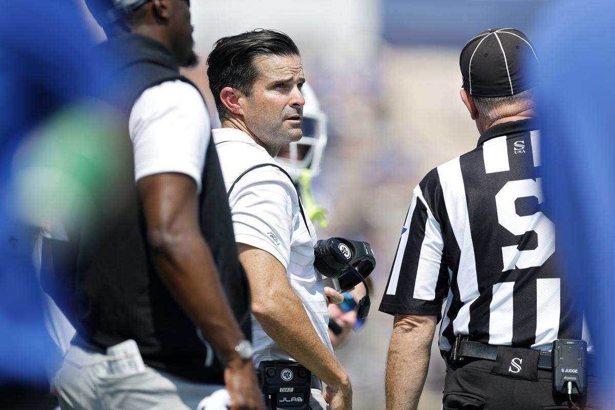Duke head coach Manny Diaz looks on from the sidelines during the first half of the Blue Devils’ game against Illinois on Saturday, Sept. 6, 2025, at Wallace Wade Stadium in Durham, N.C.