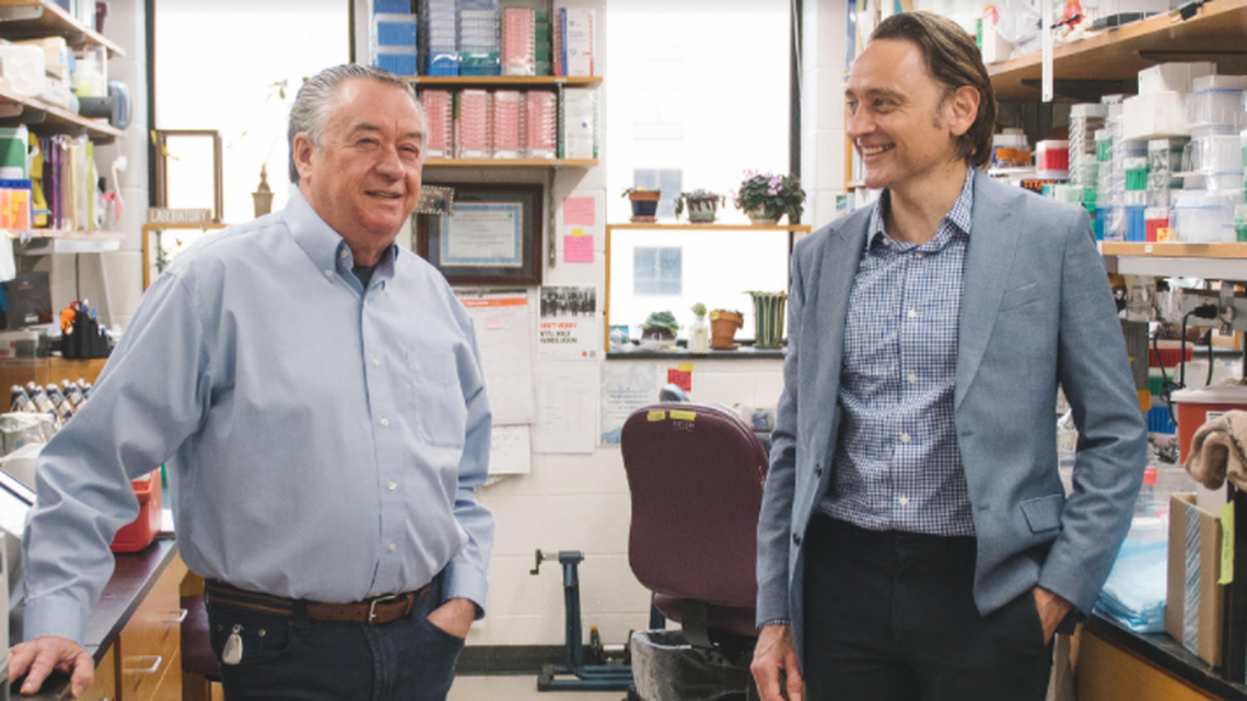 Marc Caron, left, and Jacob Jacobsen, both neuropharmacologists from Duke University, founded Evecxia Therapeutics.