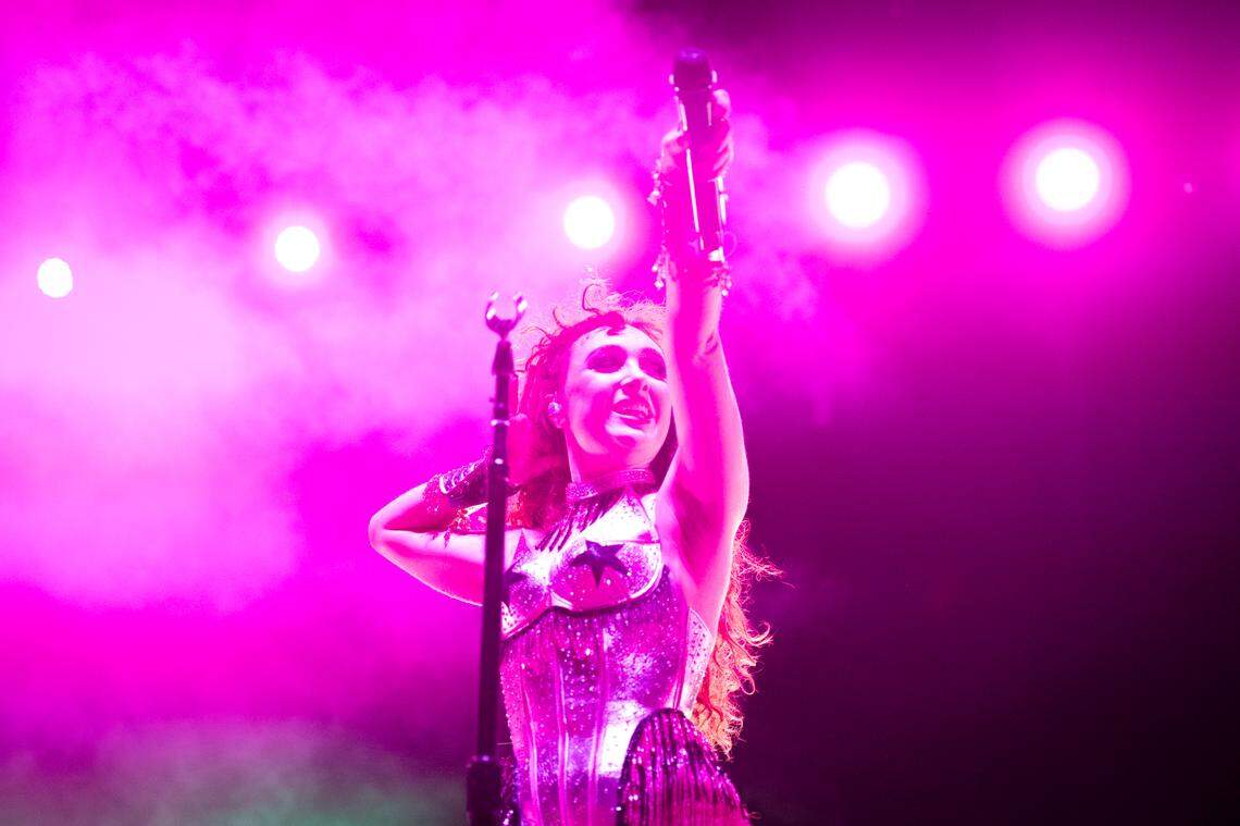 Chappell Roan acknowledges her enthusiastic crowd during her show at Red Hat Amphitheater.