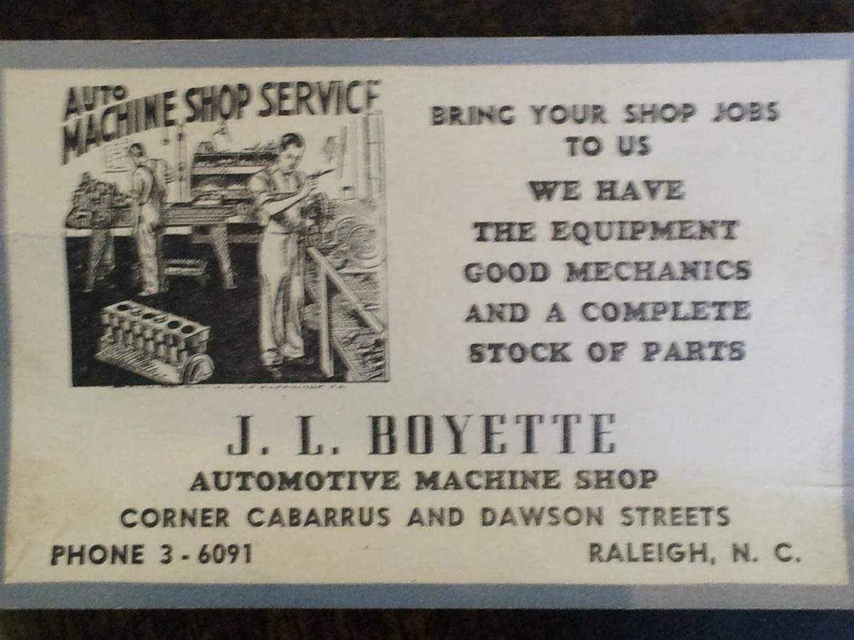 James Lanson Boyette Sr.’s original business card from 1949. The automotive performance shop is still family run, but its future is uncertain.