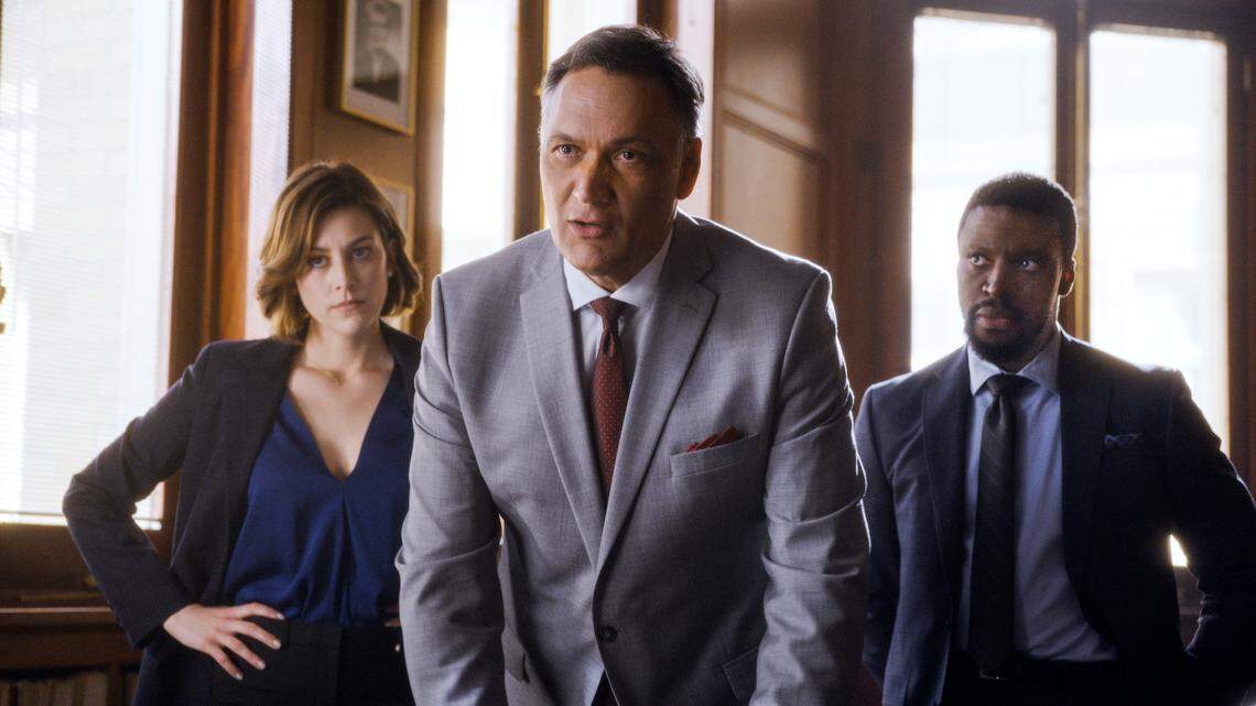 From the NBC dram a “Bluff City Law,” (L-R): Caitlin McGee as Sydney Strait, Jimmy Smits as Elijah Strait and Michael Luwoye as Anthony Little.