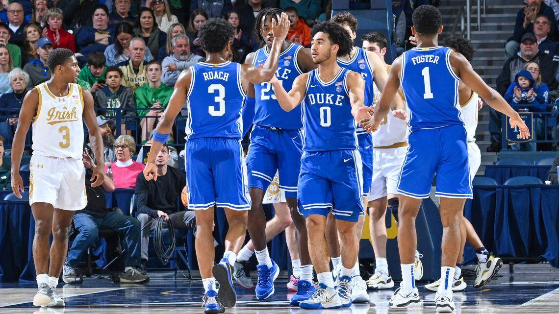 Jan 6, 2024; South Bend, Indiana, USA; Duke Blue Devils guard Jared McCain (0) celebrates with his teammates after a basket in the first half against the Notre Dame Fighting Irish at the Purcell Pavilion.