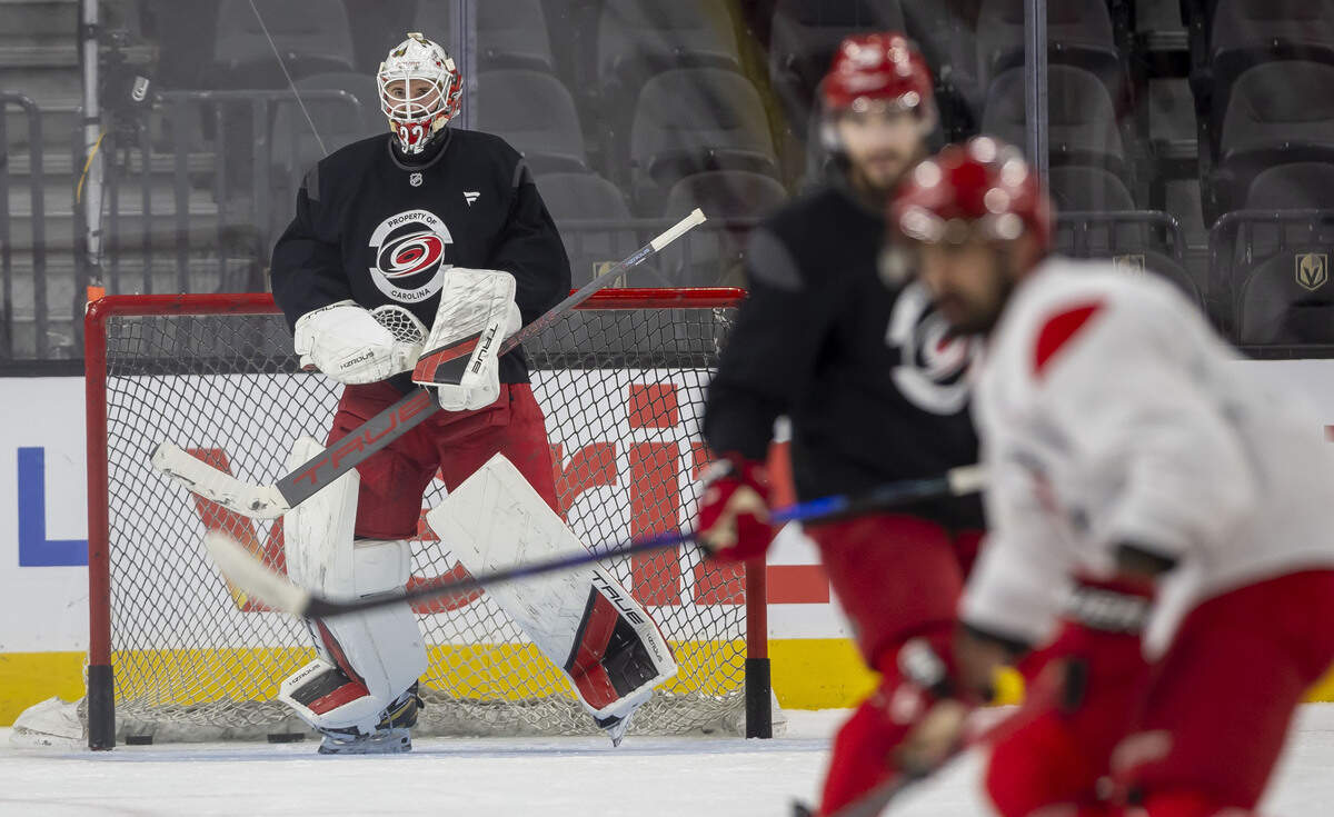Carolina Hurricanes goalie Brandon Bussi (32) tends the net during practice on Monday, June 8, 2026 at T-Mobile Arena in Las Vegas, NV.